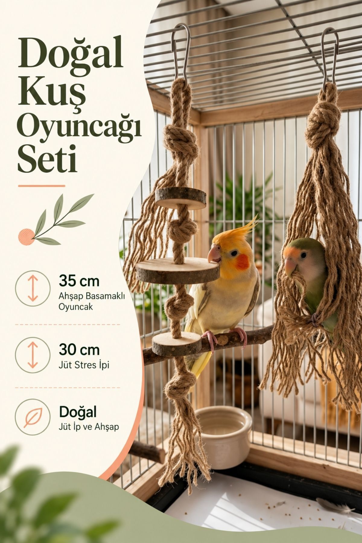 2’li Muhabbet Kuşu ve Papağan Oyuncağı Doğal Jüt İp Ahşap Tırmanma Kemirme Parçalama Stres İpi