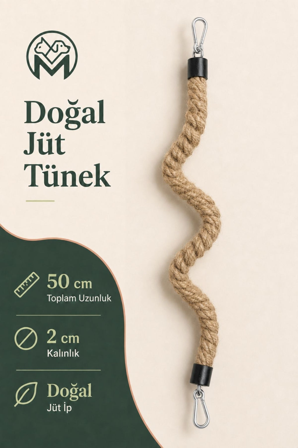 Esnek Kuş Tüneği 50 cm Şekil Alabilen 2 cm Kalın Doğal Jüt İp