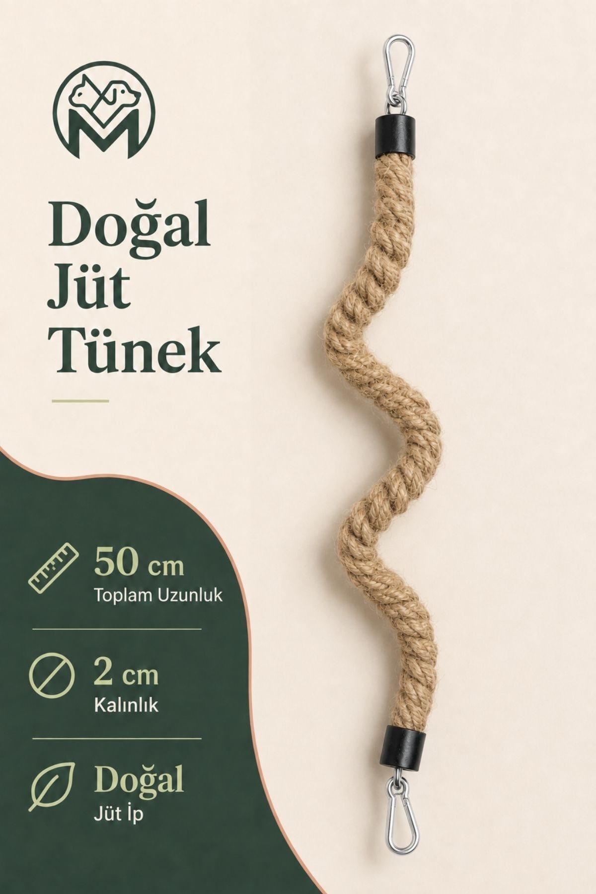 Esnek Kuş Tüneği 50 cm Şekil Alabilen 2 cm Kalın Doğal Jüt İp