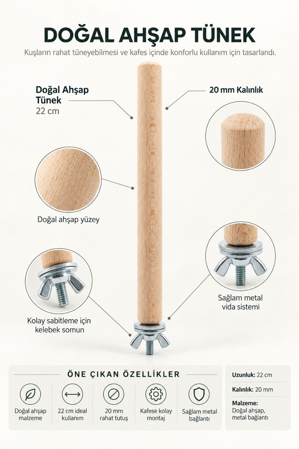 Doğal Ahşap Kuş Tüneği 22 cm x 20 mm Vidalı Kafes Aksesuarı