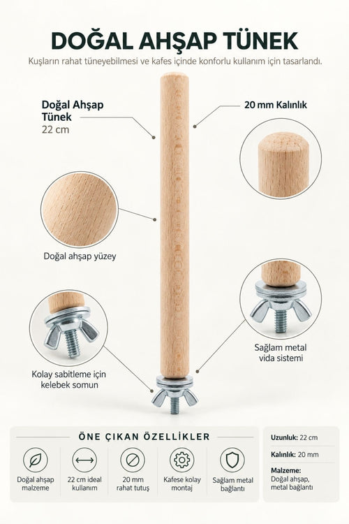Doğal Ahşap Kuş Tüneği 22 cm x 20 mm Vidalı Kafes Aksesuarı