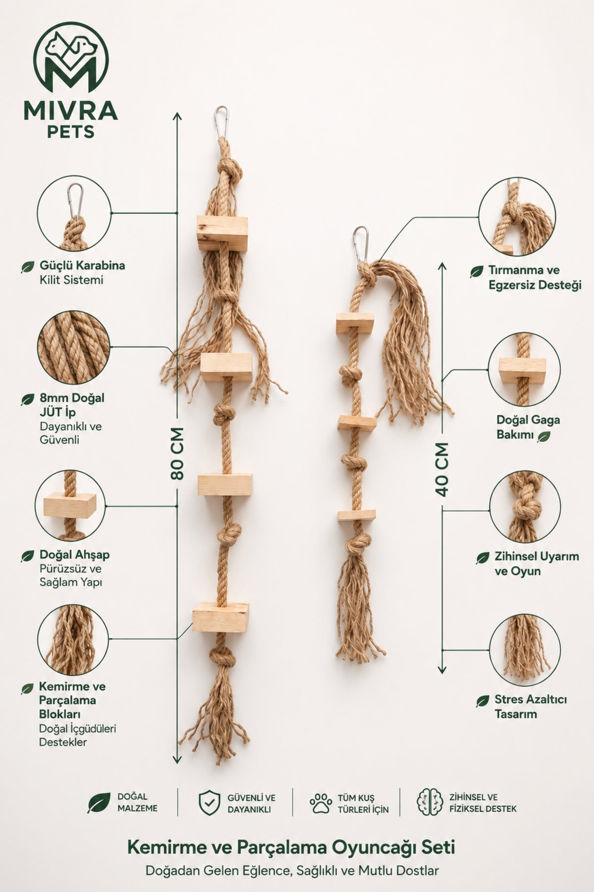 Papağan Kemirme ve Parçalama Oyuncağı Seti Doğal Ahşap 80 cm 8 mm Jüt İp