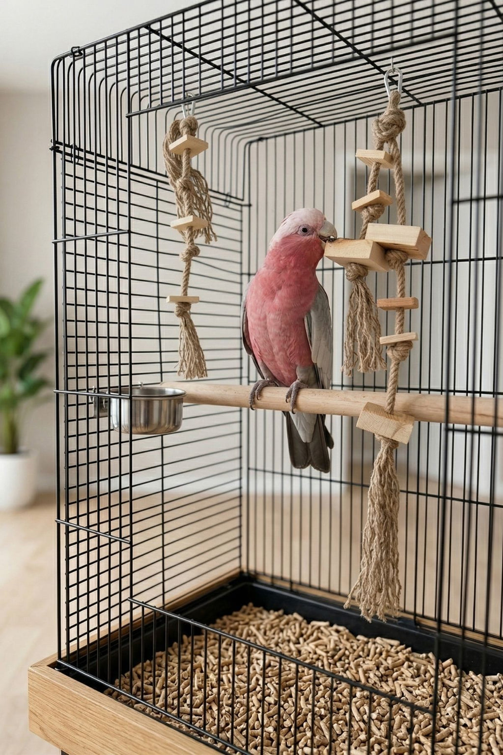 Papağan Oyuncağı Kemirme Parçalama Seti 2’li Jüt Halat Doğal Ahşap Stres Azaltıcı Kuş Oyuncağı