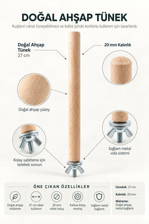 Doğal Ahşap Kuş Tüneği 27 cm x 20 mm Vidalı Kafes Aksesuarı