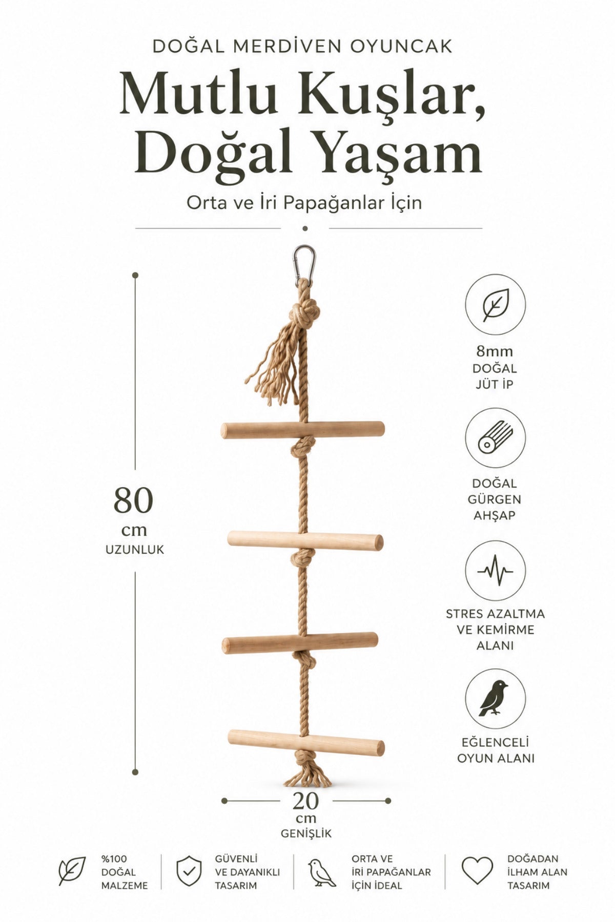 Doğal Ahşap Jüt Halatlı Papağan Merdiveni Tırmanma ve Kemirme Kuş Oyuncağı