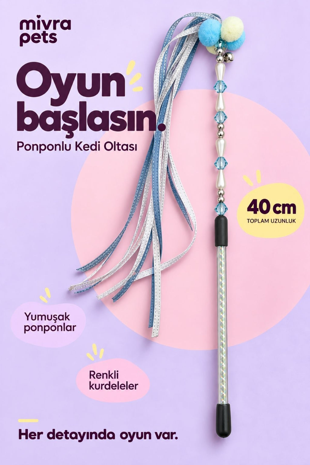 Kedi Oltası 40 cm – Ponponlu, Zilli ve Kurdeleli İnteraktif Kedi Oyuncağı