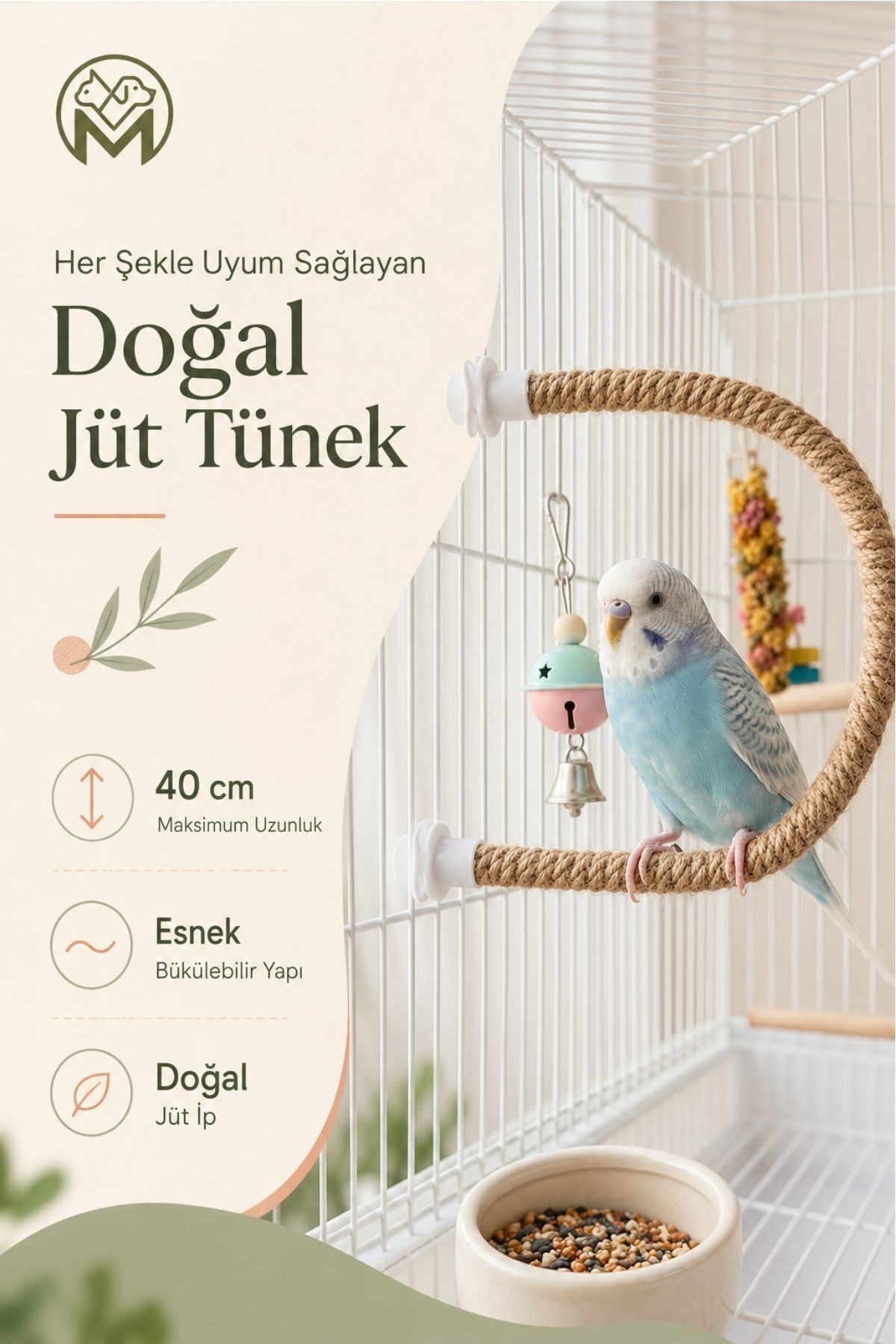 40 cm Esnek Doğal Jüt Kuş Tüneği – Bükülebilir Kafes Tüneği
