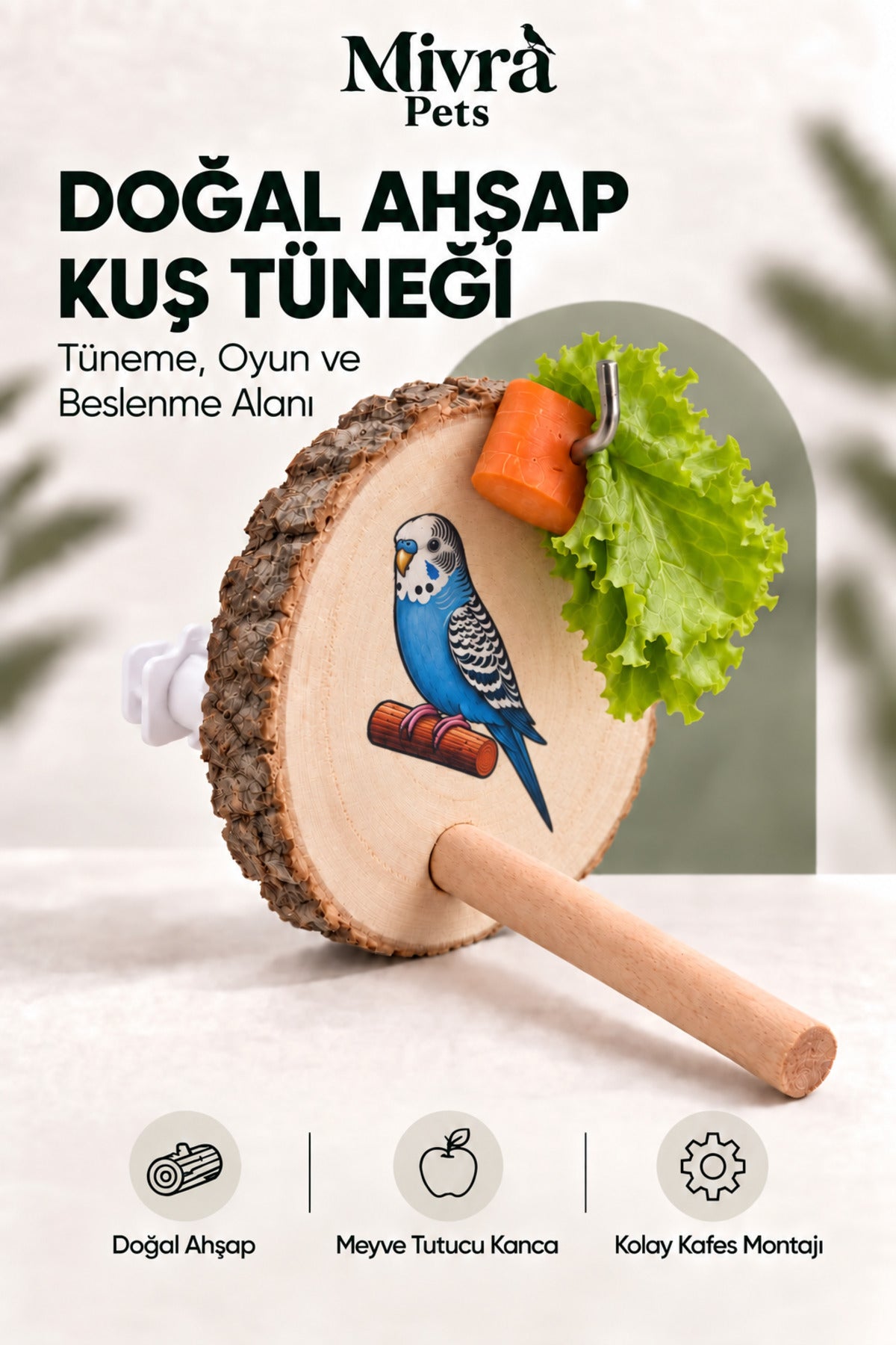 Doğal Ahşap Gövdeli Kuş Oyuncağı Sebze ve Meyve Tutuculu Kafes Aksesuarı