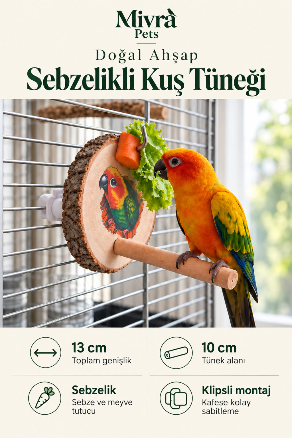 Doğal Ahşap Gövdeli Kuş Oyuncağı Sebze ve Meyve Tutuculu Kafes Aksesuarı