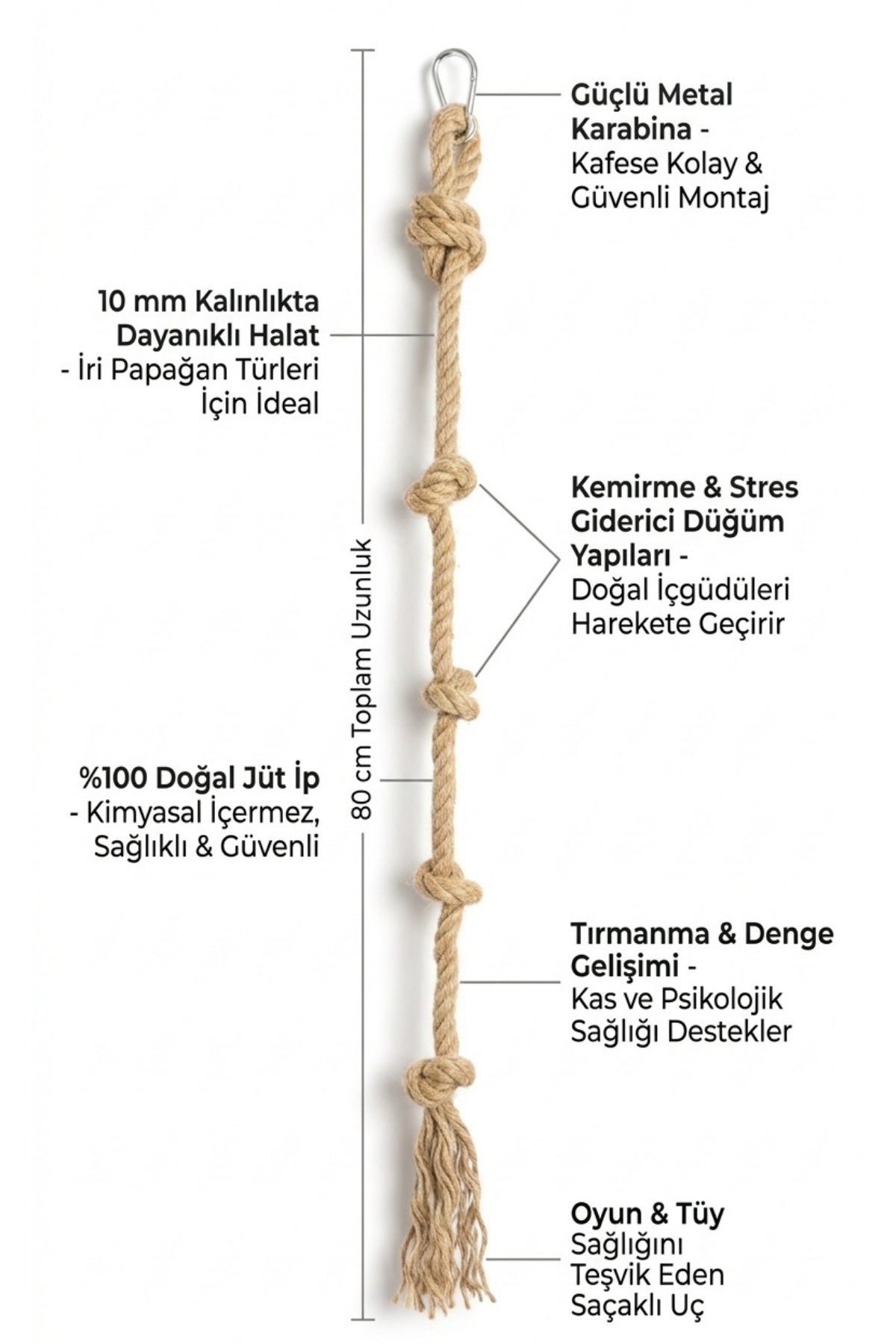 Papağan Stres İpi 80 cm 10mm Kalın Jüt Halat Tırmanma Oyuncağı Karabinalı Doğal Kuş Oyuncağı