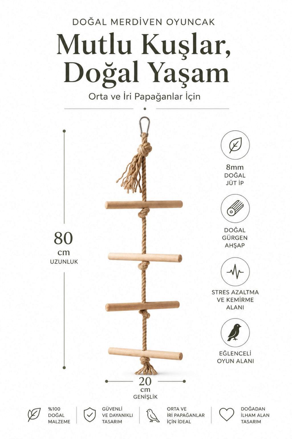 Doğal Ahşap Jüt Halatlı Papağan Merdiveni Tırmanma ve Kemirme Kuş Oyuncağı