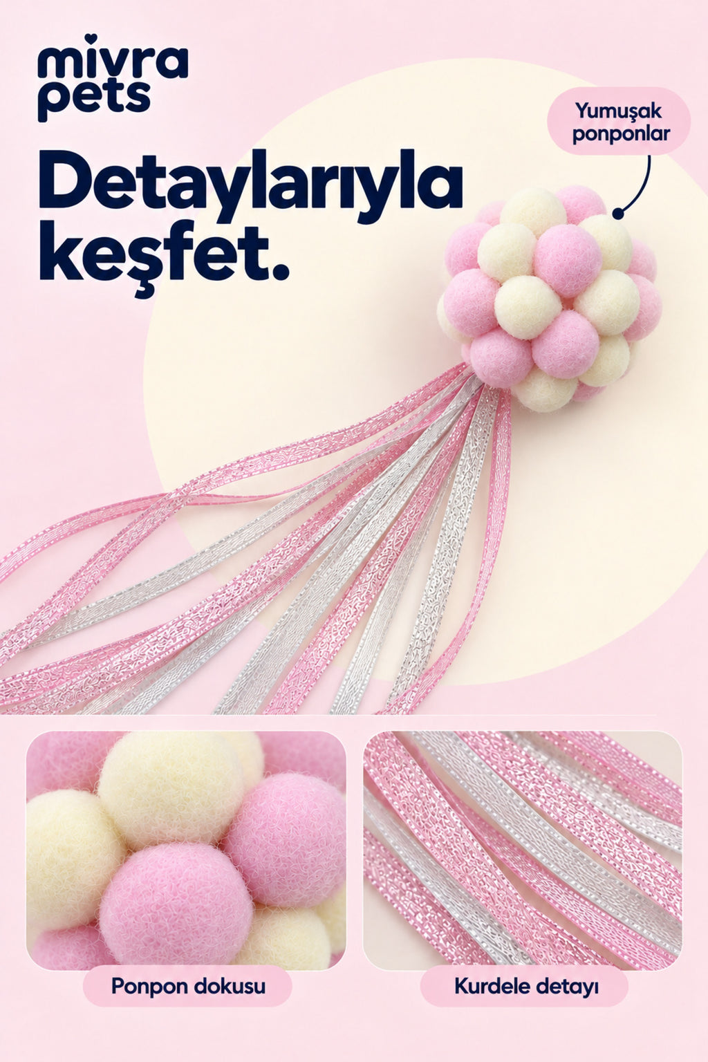 Ponponlu Kedi Oyuncağı – Kurdeleli Yumuşak Oyun Topu
