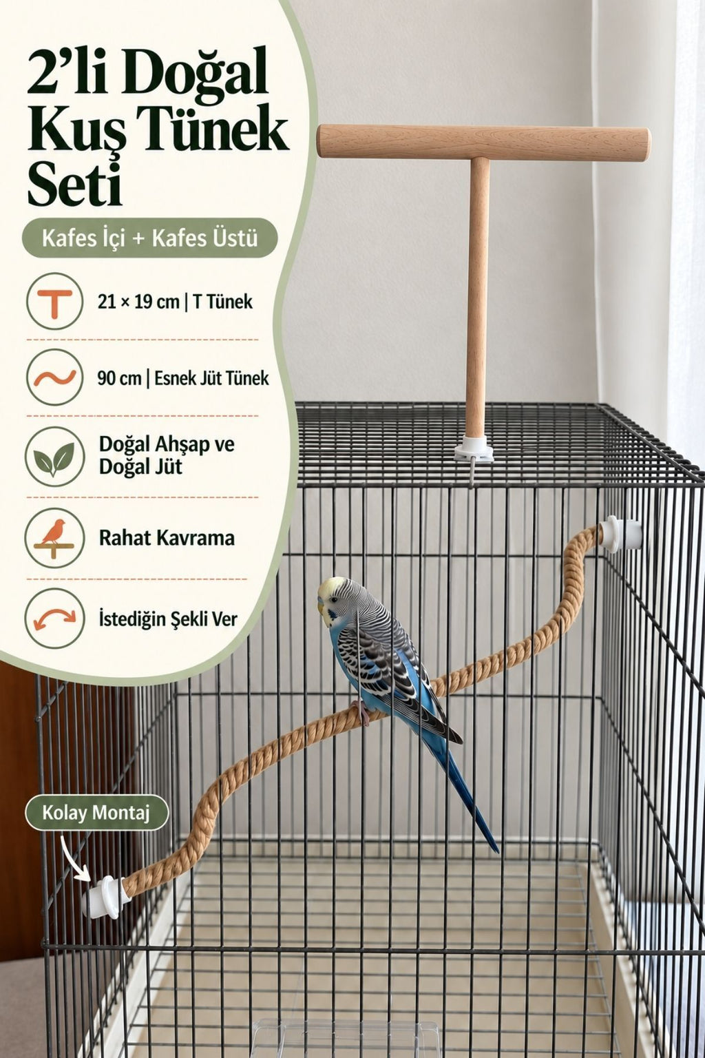 2'li Doğal Ahşap ve Jüt Kuş Tüneği Seti 90 cm Esnek Muhabbet Kuşu Sultan Papağanı Kafes Aksesuarı