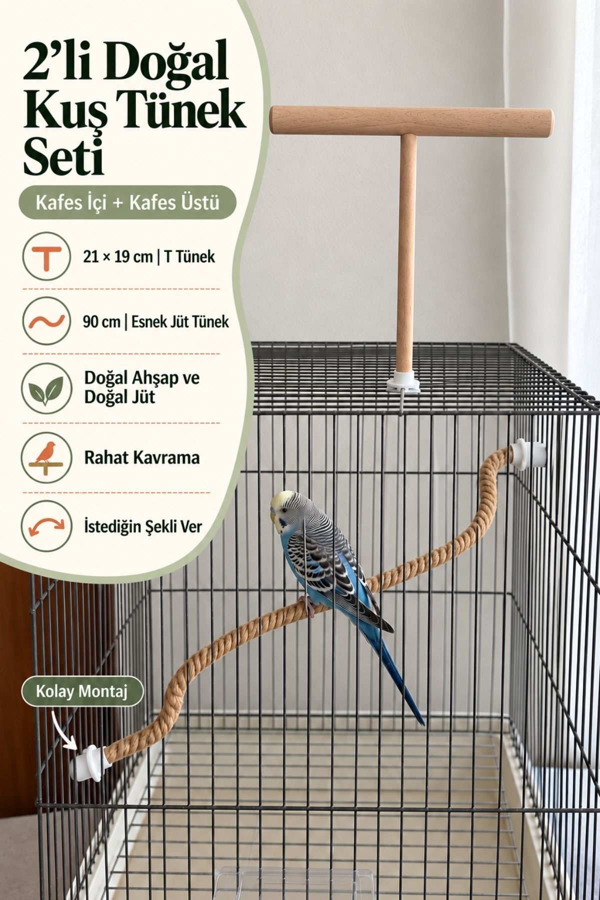 2'li Doğal Ahşap ve Jüt Kuş Tüneği Seti 90 cm Esnek Muhabbet Kuşu Sultan Papağanı Kafes Aksesuarı