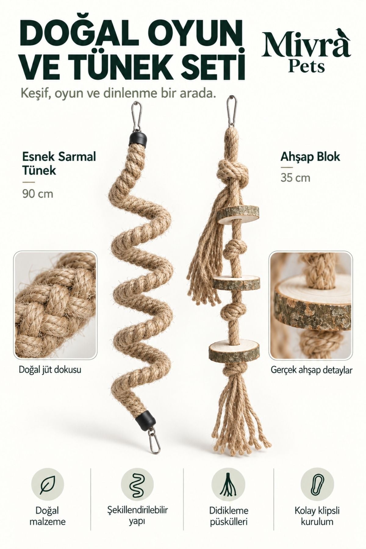 2'li Doğal Ahşap Kuş Oyuncak Seti - 90cm Esnek Tünek ve Jüt İp Kemirme Bloğu