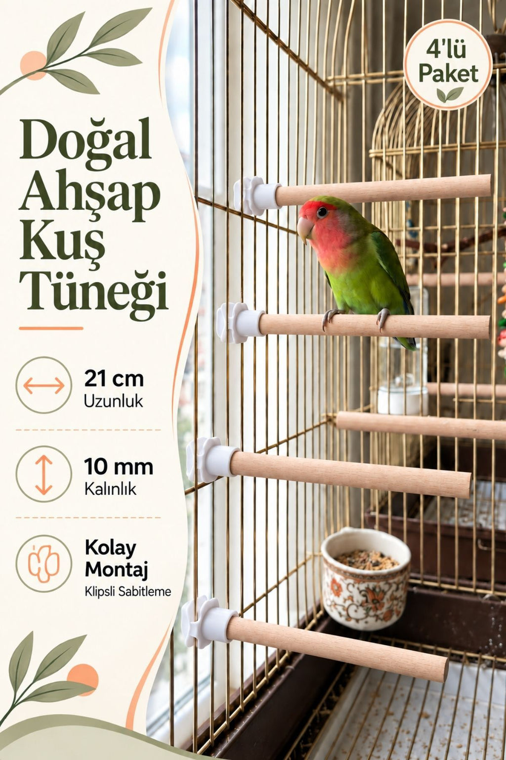 4'lü Pürüzsüz Ahşap Muhabbet Kuşu Tüneği 21 cm