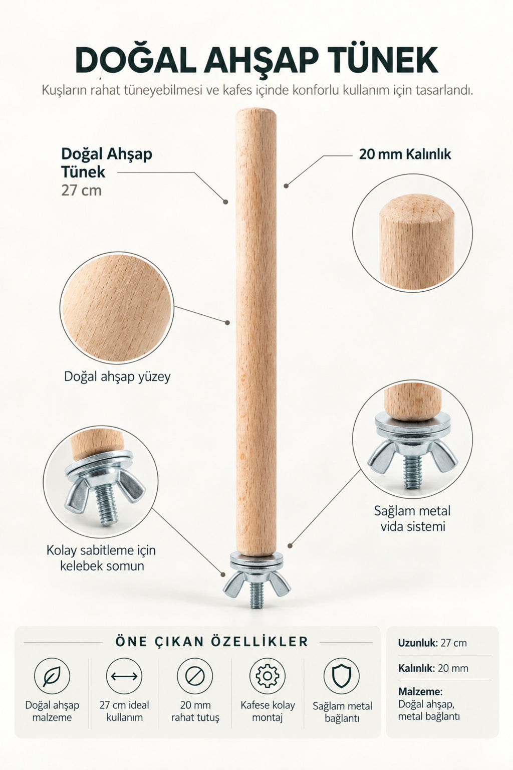 Doğal Ahşap Kuş Tüneği 27 cm x 20 mm Vidalı Kafes Aksesuarı