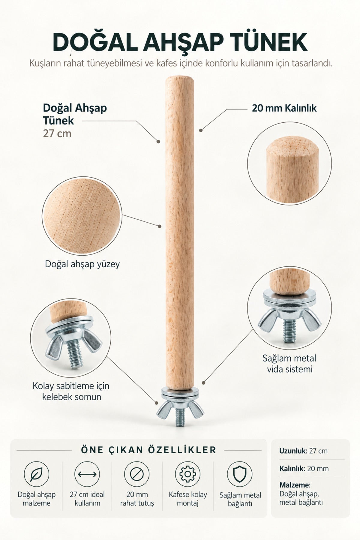 Doğal Ahşap Kuş Tüneği 27 cm x 20 mm Vidalı Kafes Aksesuarı