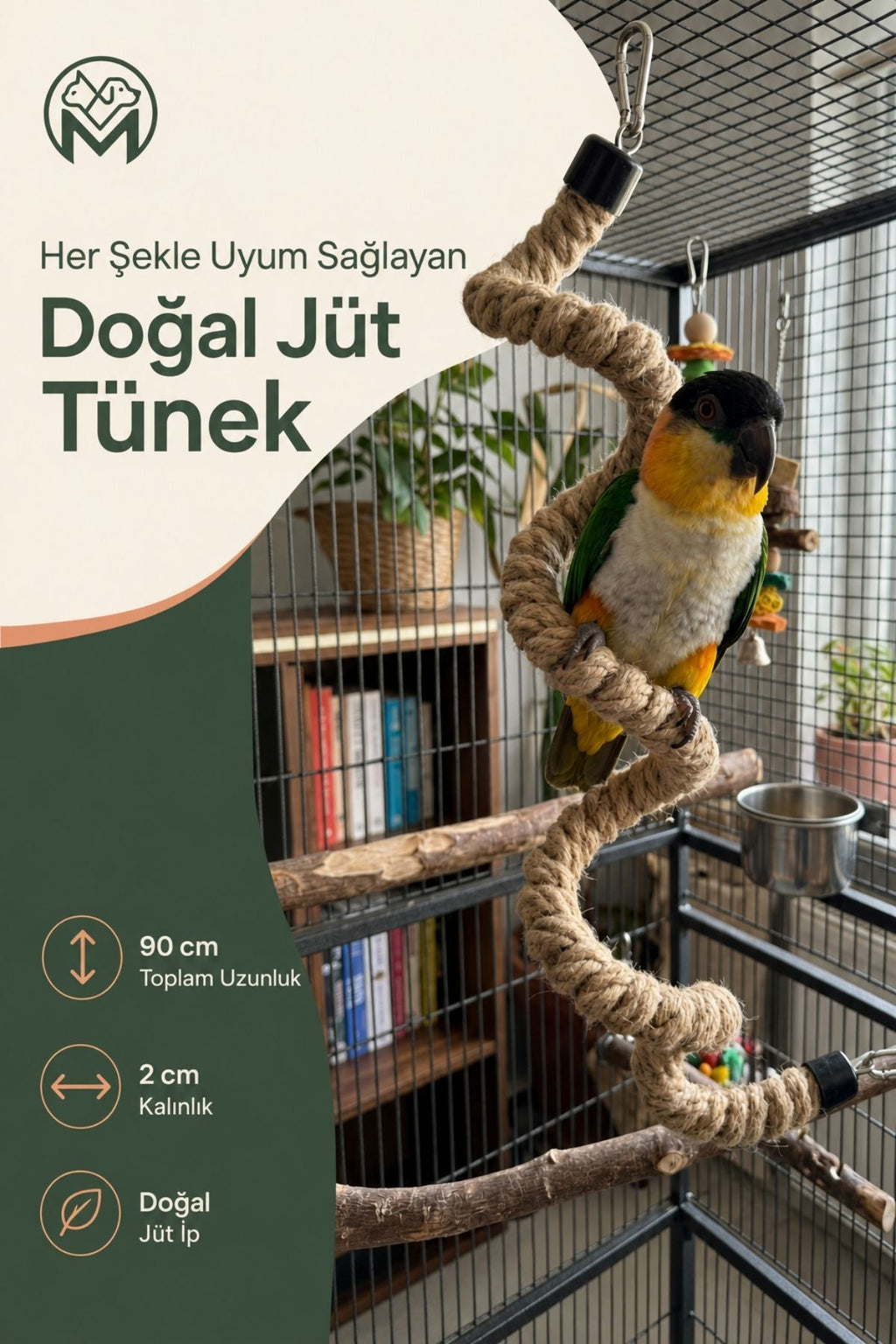 Esnek Kuş Tüneği 90 cm Şekil Alabilen 2 cm Kalın Doğal Jüt İp