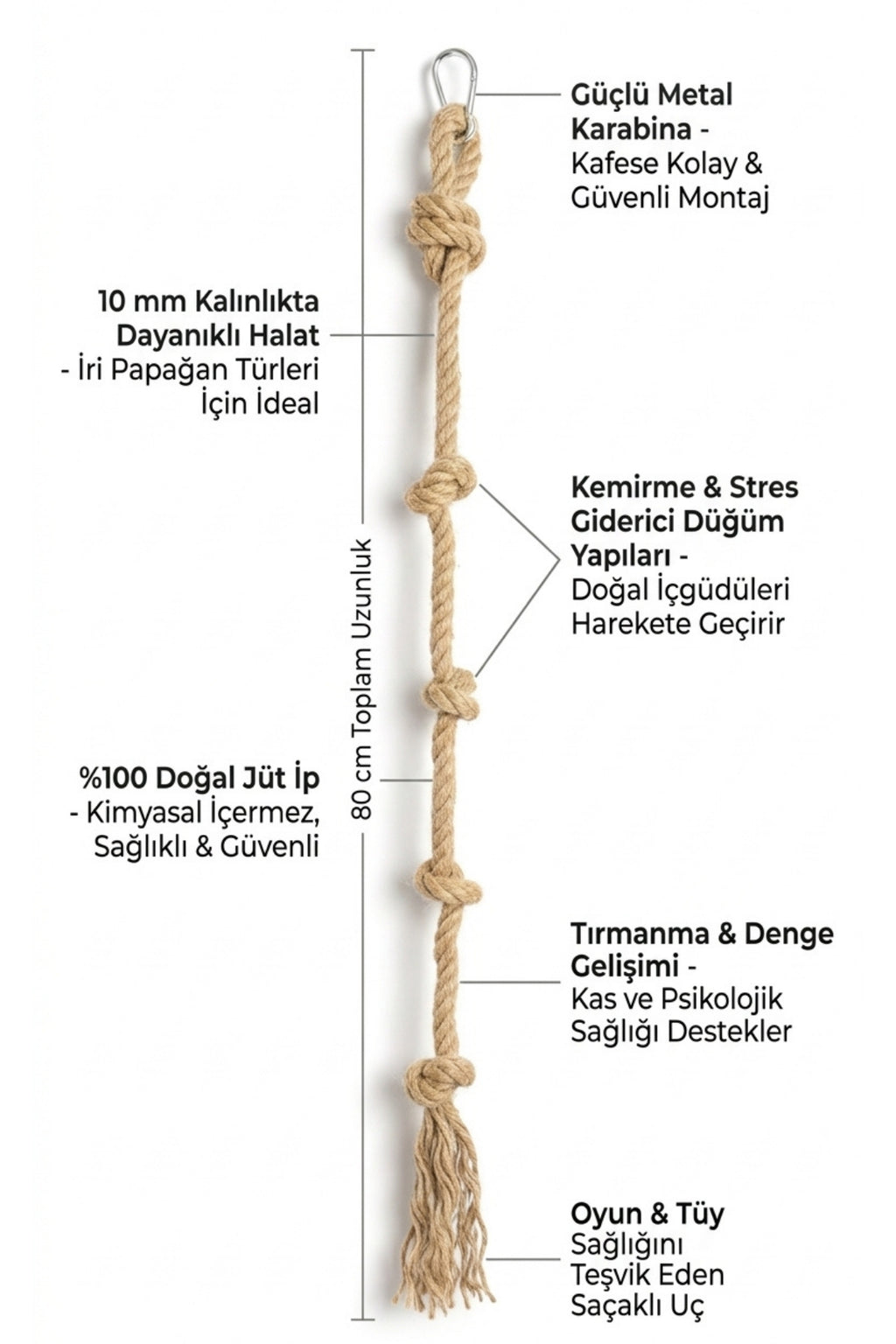 Papağan Stres İpi 80 cm 10mm Kalın Jüt Halat Tırmanma Oyuncağı Karabinalı Doğal Kuş Oyuncağı