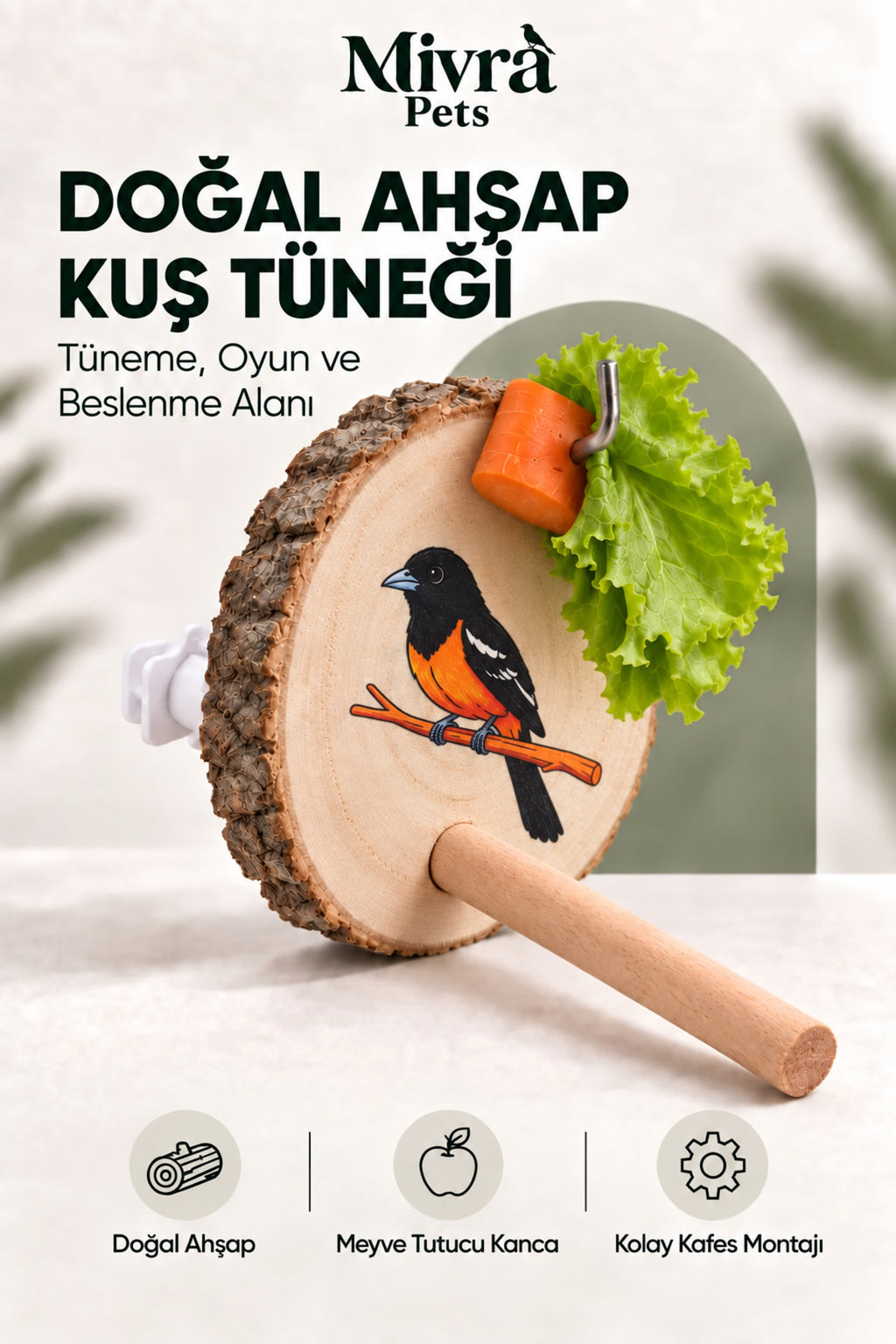 Doğal Ahşap Gövdeli Kuş Oyuncağı Sebze ve Meyve Tutuculu Kafes Aksesuarı