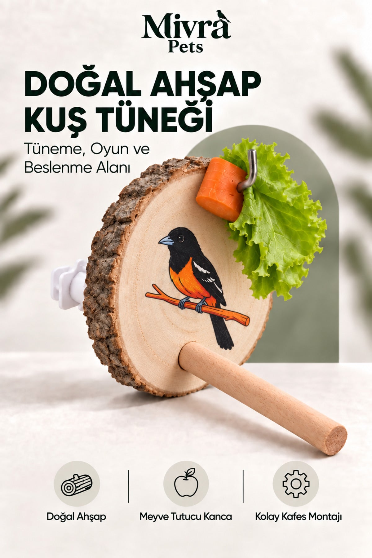Doğal Ahşap Gövdeli Kuş Oyuncağı Sebze ve Meyve Tutuculu Kafes Aksesuarı