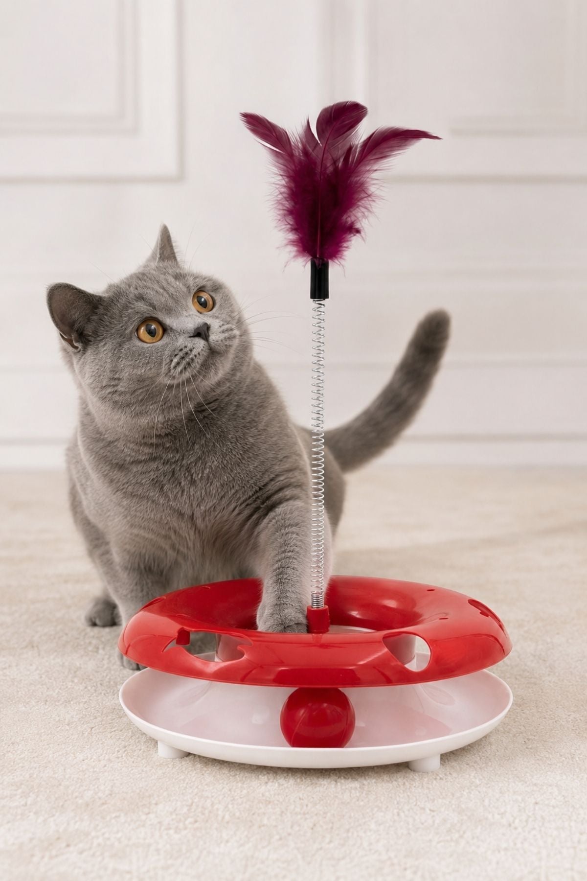 Kedi Oyuncağı İnteraktif Hareketli Toplu Tüylü Yaylı Zeka Oyuncağı Yavru Yetişkin Kediler İçin - Kırmızı