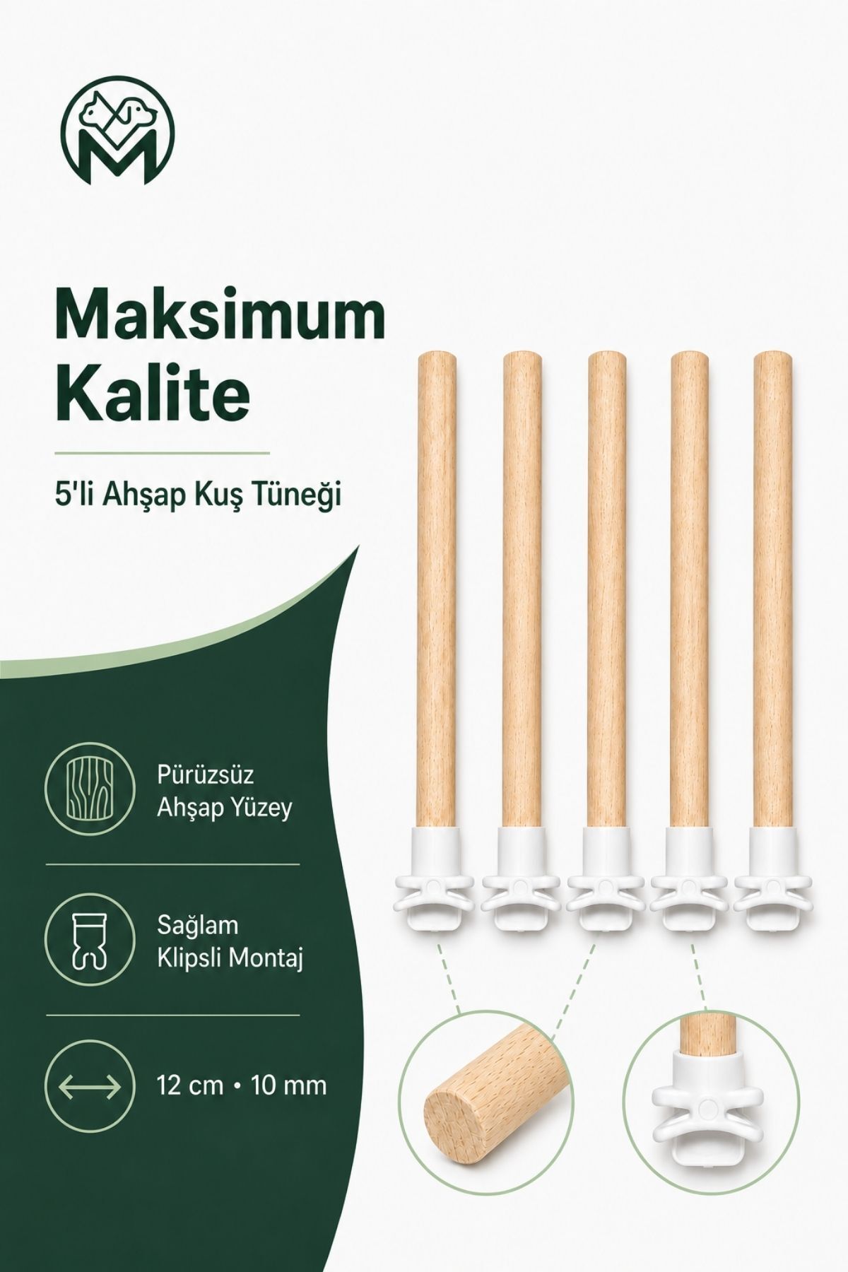 5'li Ahşap Kuş Tüneği Seti 12 cm Klipsli Muhabbet Kuşu Kanarya Kafes Tüneği