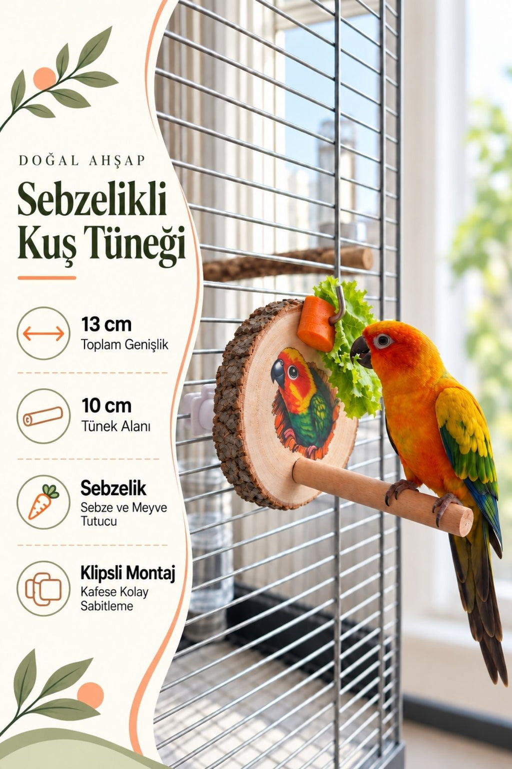 Doğal Ahşap Gövdeli Kuş Oyuncağı Sebze ve Meyve Tutuculu Kafes Aksesuarı