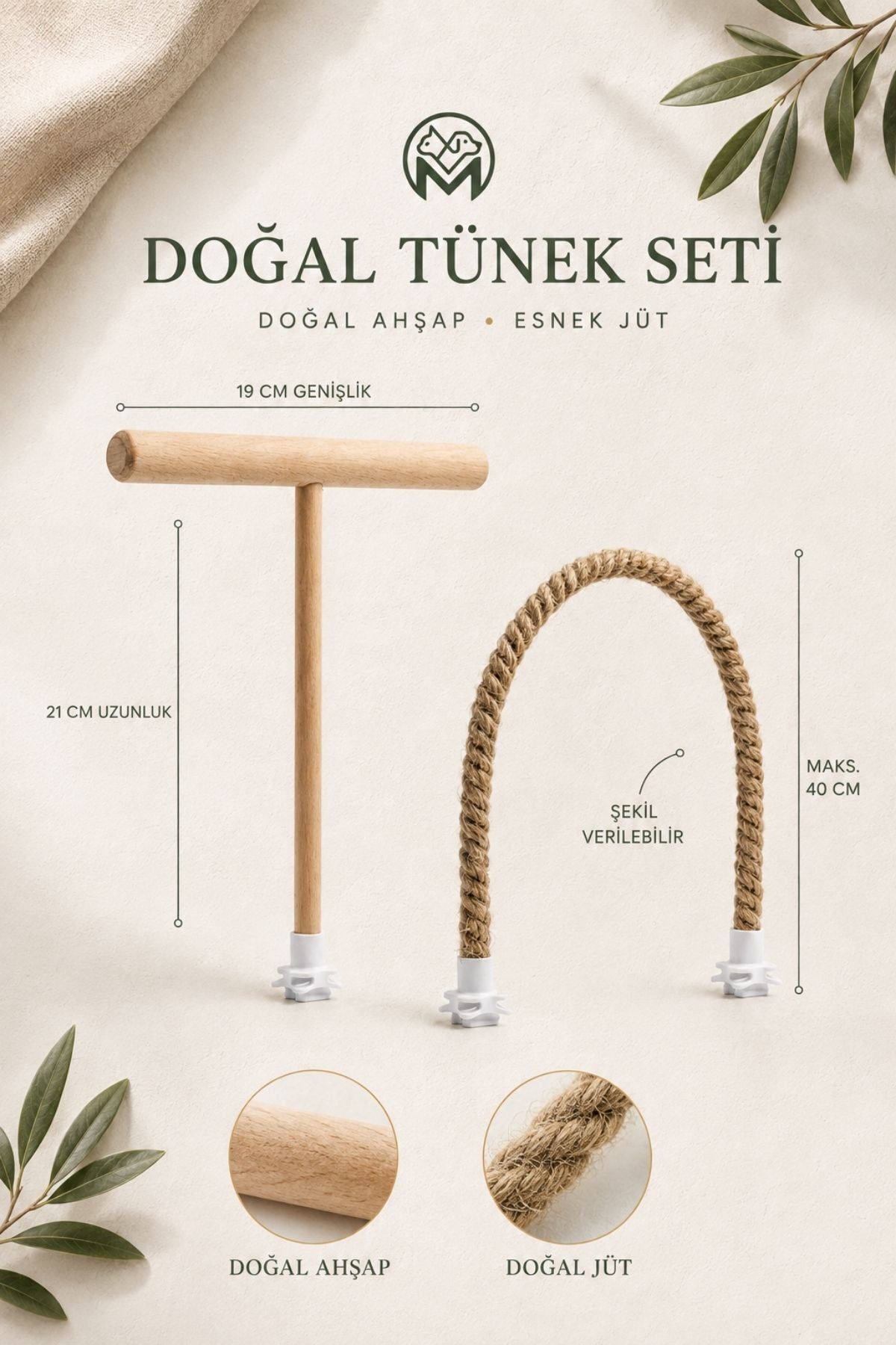 2'li Doğal Ahşap Kuş Tüneği Seti 40 cm Şekil Alabilen Esnek Jüt Tünek Muhabbet Kuşu Sultan Papağanı