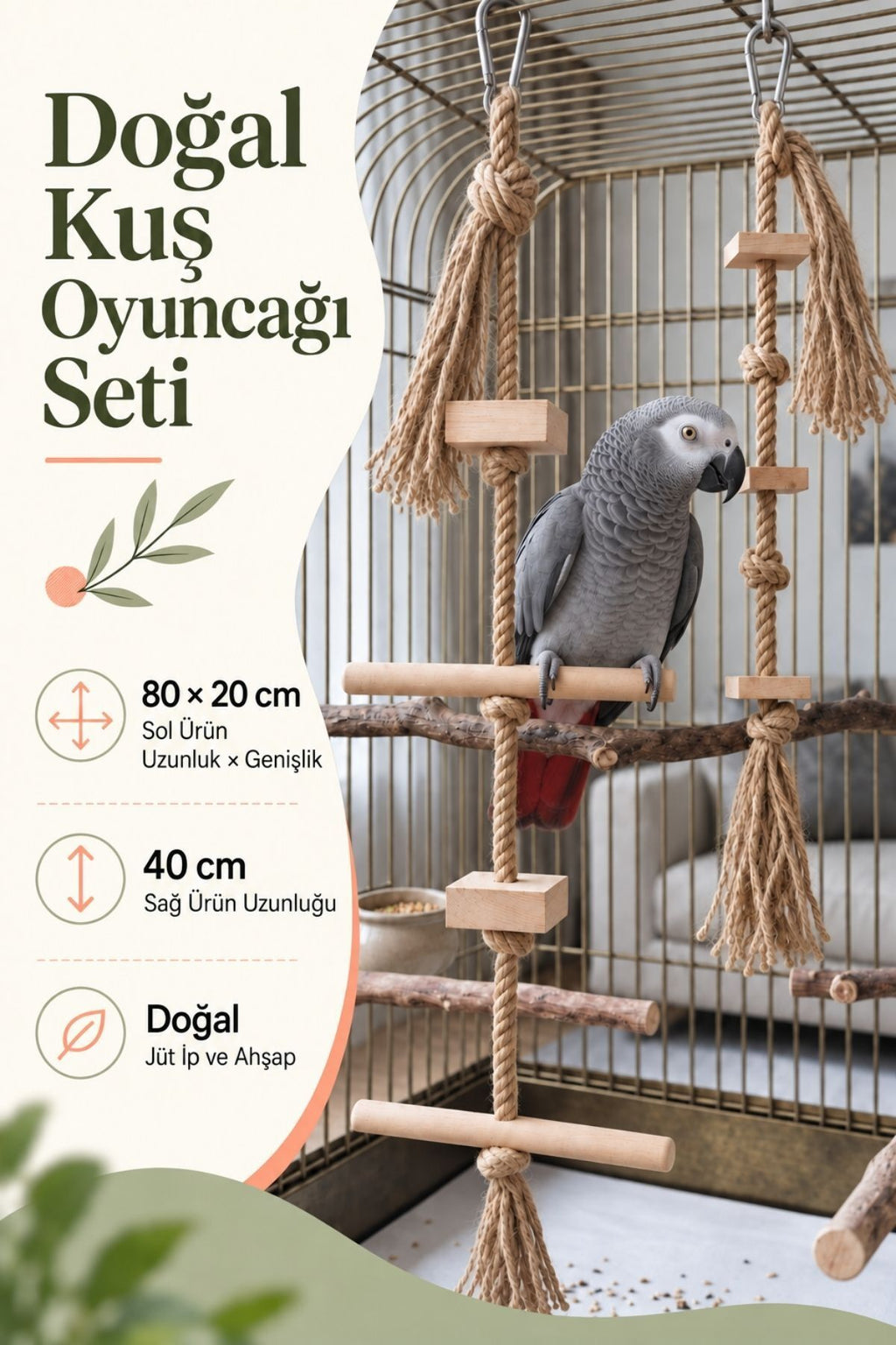İkili Set Doğal Ahşap Papağan Kuş Oyuncağı Tırmanma Merdiveni Kemirme Gaga Törpüleyici
