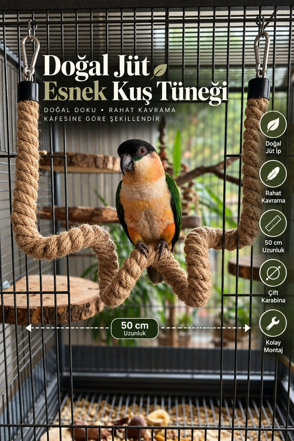 Esnek Kuş Tüneği 50 cm Şekil Alabilen 2 cm Kalın Doğal Jüt İp