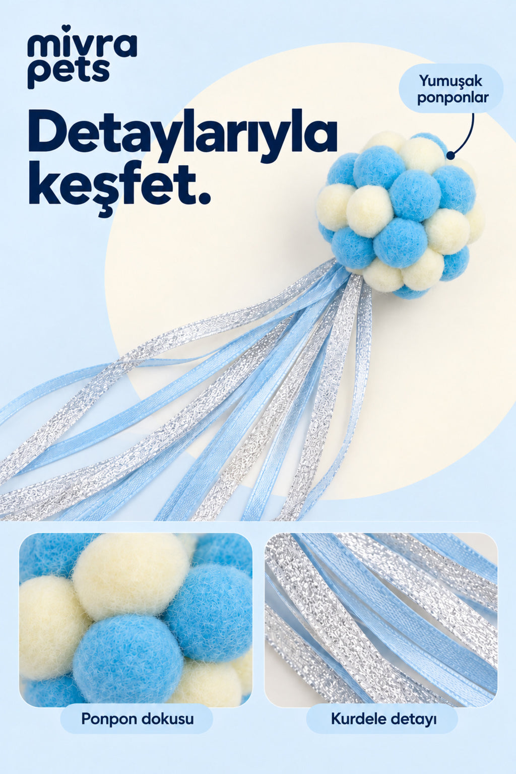 Ponponlu Kedi Oyuncağı – Kurdeleli Yumuşak Oyun Topu